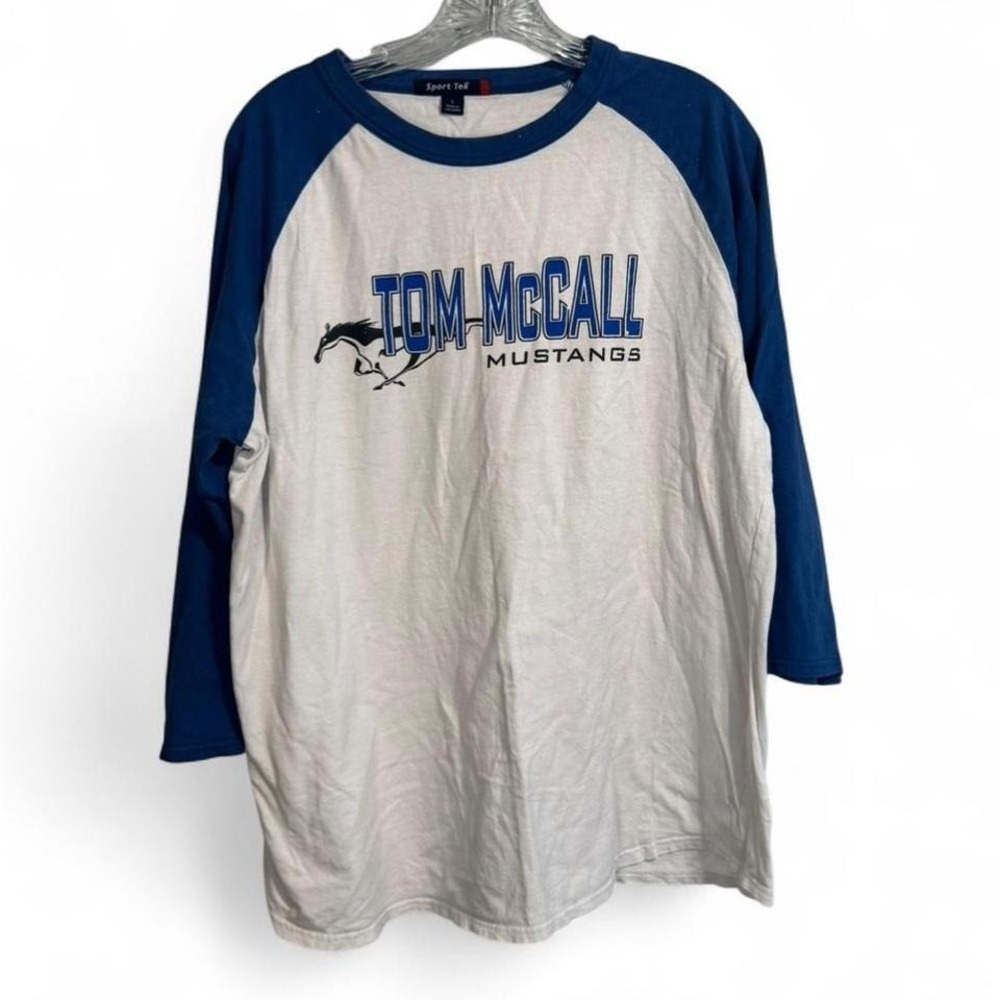 Vintage sport tek Tom McCall Mustangs blue‎ & white baseball tee Size L